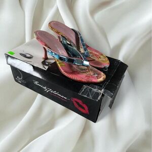 Beverly Feldman thong sandal kitten heels pink tropical print y2k preppy fairy